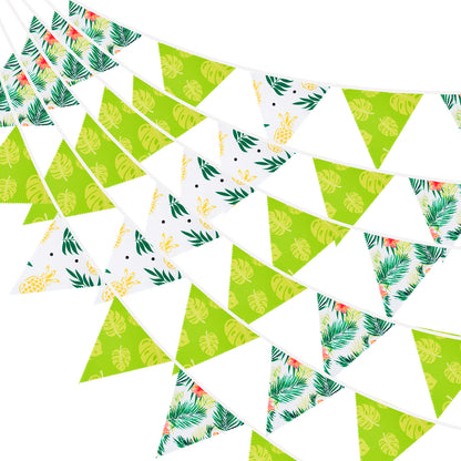 G2PLUS Tropical Fabric Bunting Banner, 39FT Extra Long Reusable Cotton Triangle Flags with Green Leaves & Pineapple, Pre-Sewn Garland Pennant Banner for Summer Luau, Hawaiian & Outdoor Party Decor