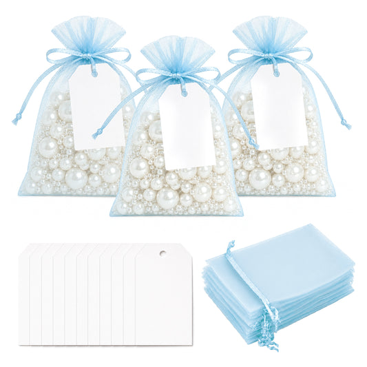 G2PLUS 25 Pack Organza Gift Bags with Tags: 10 x 15 cm Baby Blue Drawstring Favour Pouches with 4 x 7 cm White Tags for Wedding Party Favours Jewellery Candy