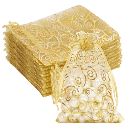 G2PLUS Organza Gift Bags 4x6 Inches - 50Pcs Sheer Mesh Organza Bags with Gold Rattan Printed, Drawstring Tulle Jewelry Pouches for Wedding, Christmas Party Favors