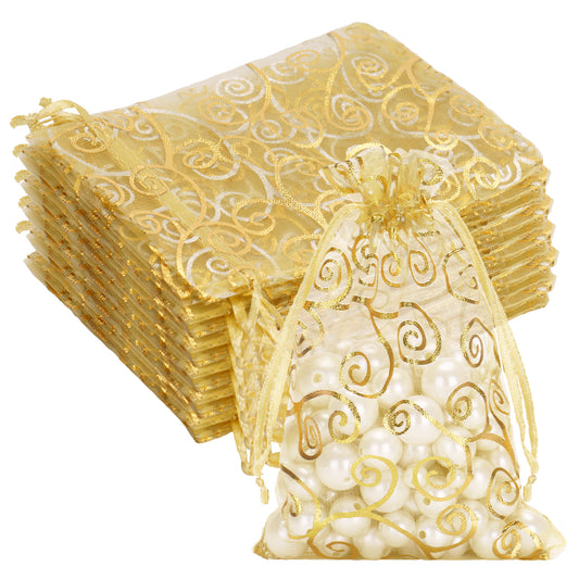 G2PLUS Organza Gift Bags 4x6 Inches - 50Pcs Sheer Mesh Organza Bags with Gold Rattan Printed, Drawstring Tulle Jewelry Pouches for Wedding, Christmas Party Favors
