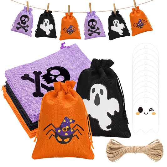 G2PLUS 18Pcs Halloween Burlap Gift Bags - 5x7 In Halloween Drawstring Goodies Treat Bags, 3 Designs Spooky Gift Candy Bag with Ghost Tags for Trick or Treat Party Favors