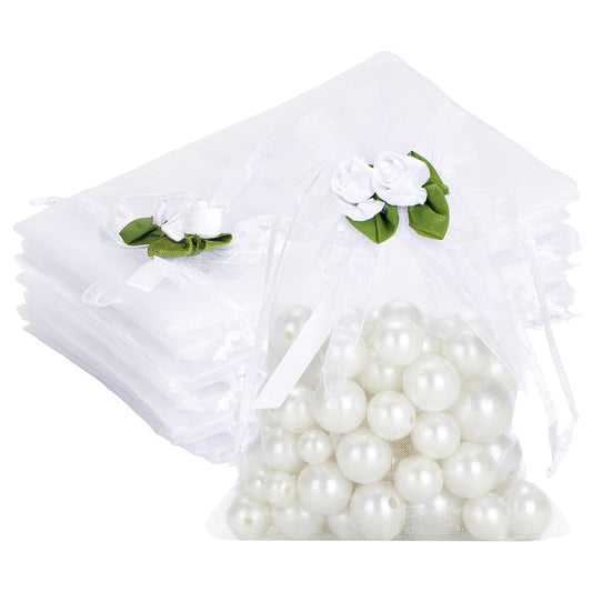 G2PLUS 30Pcs Rose Organza Bags 4x6 Inch-White Wedding Favor Bags, Jewelry Pouches with Drawstring for Bridal Shower, Baby Shower, Valentine's Day Party Favors