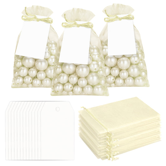 G2PLUS 25 Pack Organza Gift Bags with Tags: 10 x 15 cm Beige Drawstring Favour Pouches with 4 x 7 cm White Tags for Wedding Party Favours Jewellery Candy