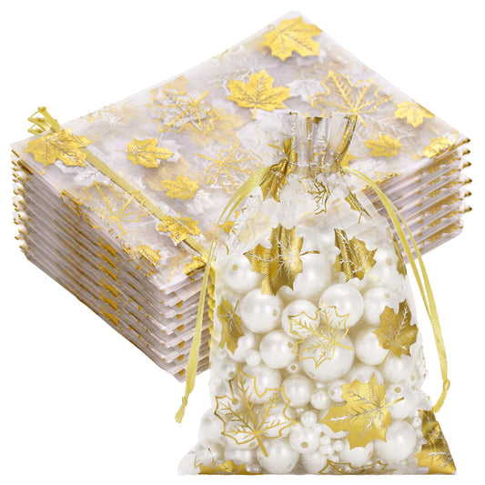 G2PLUS 50Pcs Fall Organza Drawstring Bags 4x6 In - Thanksgiving Organza Bags, White Sheer Mesh Pouches, Gold Maple Leaves Candy Treat Bags for Wedding, Baby Shower, Autumn Holiday Party Favors