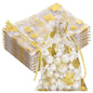 G2PLUS 50Pcs Fall Organza Drawstring Bags 4x6 In - Thanksgiving Organza Bags, White Sheer Mesh Pouches, Gold Maple Leaves Candy Treat Bags for Wedding, Baby Shower, Autumn Holiday Party Favors