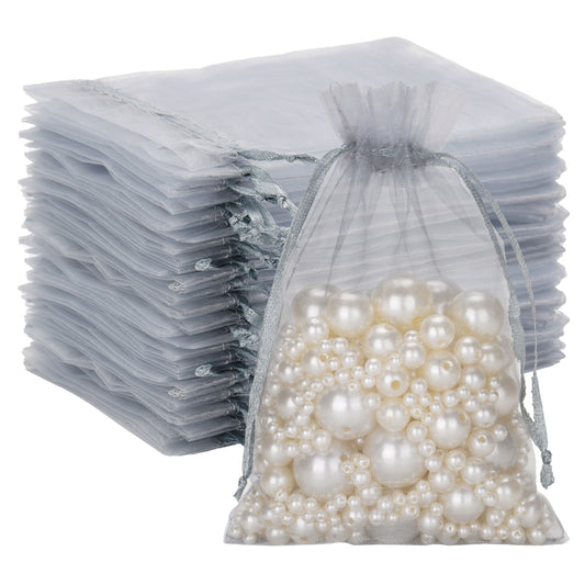 G2PLUS Silver Grey Organza Gift Pouches - 10x15 CM Medium Organza Favor Bags, 50 PCS Wedding Jewelry Bags - Clear Mesh Pouches for Wedding, Christmas, Birthday, Anniversary