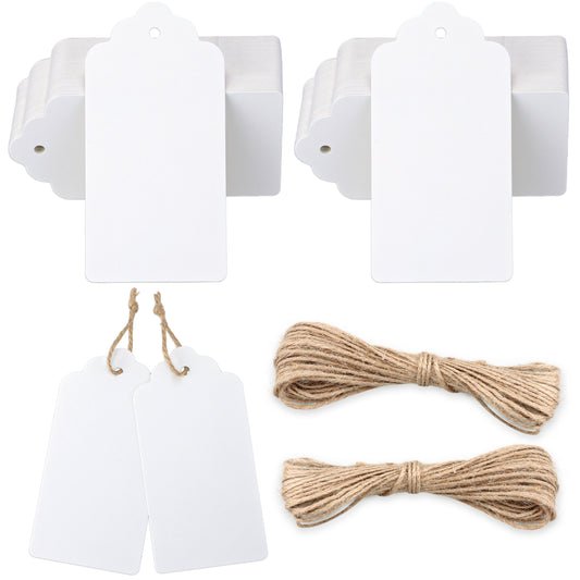 G2PLUS Kraft Paper Gift Tags - 100PCS Large Plain Gift Tags - 5x10CM White Blank Labels with String for Presents, 300g/m²