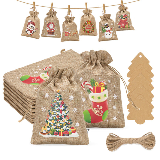 G2PLUS 24 PCS Advent Calandar Bags, 13x18cm Large Christmas Burlap Bags, Hessian Christmas Sacks, Christmas Burlap Drawstring Bags for Advent Calandar, Christmas Party Decoration