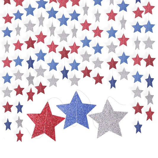G2PLUS Red Blue Silver Glitter Star Garland, 14m Sparkling Paper Star Garland, Star Bunting Hanging Decoration, Twinkle Little Star Party Garlands for Birthday Wedding Coronation Patriotic Theme Party