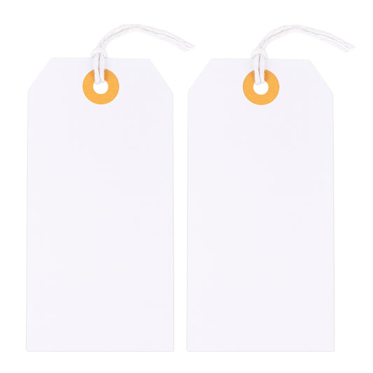 G2PLUS 100PCS Price Tags, Blank Shipping Tags, 2.36 x 4.72 inches Marking Label Tags, White Tags with String Attached, Clothing Label Hang Tags, Blank Tags with Reinforced Hole for Inventory Sales