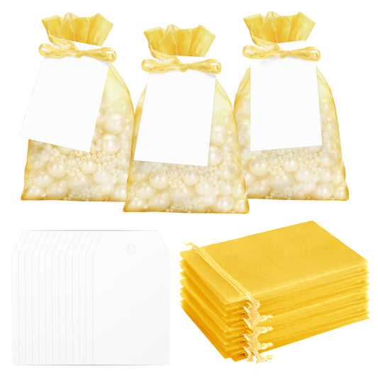 G2PLUS 50 Pack Organza Gift Bags with Tags: 10 x 15 cm Gold Drawstring Favour Pouches with 4 x 7 cm White Tags for Wedding Party Favours Jewellery Candy