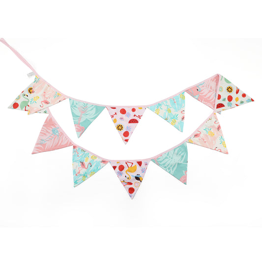 G2PLUS Flamingo Fabric Bunting Banner, 10.8 Feet Double Sided Floral Cotton Garlands, 12PCS Fabric Triangle Pennants for Summer Hourse and Afternoon Tea Garden Party