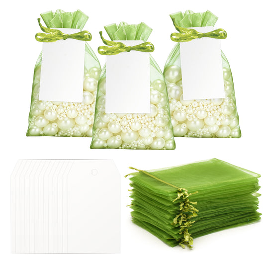 G2PLUS 50 Pack Organza Gift Bags with Tags: 10 x 15 cm Sage Green Drawstring Favour Pouches with 4 x 7 cm White Tags for Wedding Party Favours Jewellery Candy