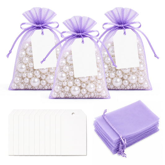 G2PLUS 25 Pack Organza Gift Bags with Tags: 10 x 15 cm Lilac Drawstring Favour Pouches with 4 x 7 cm White Tags for Wedding Party Favours Jewellery Candy