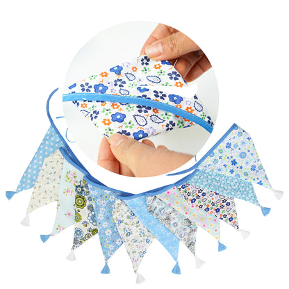 G2PLUS 10.8Ft Cotton Triangle Bunting Banner – 12pcs Blue Floral Fabric Pennant Flag with Tassels, Double Side Triangle Banner Garland for Weddings, Birthdays, Garden & Baby Showers