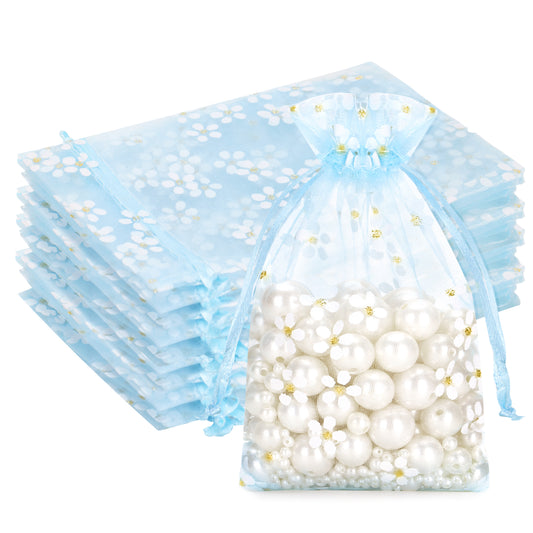 G2PLUS 30Pcs Blue Organza Bags - 4x6 In Sheer Mesh Jewelry Pouches, Daisy Drawstring Organza Bags for Baby Shower, Birdal Shower, Wedding Party Favors