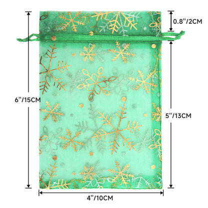 G2PLUS Christmas Drawstring Organza Bags 4x6-50PCS Christmas Snowflake Organza Gift Bags, Green Sheer Mesh Pouches, Xmas Winter Holiday Sheer Mesh Bag for Jewelry, Candy, Goodies