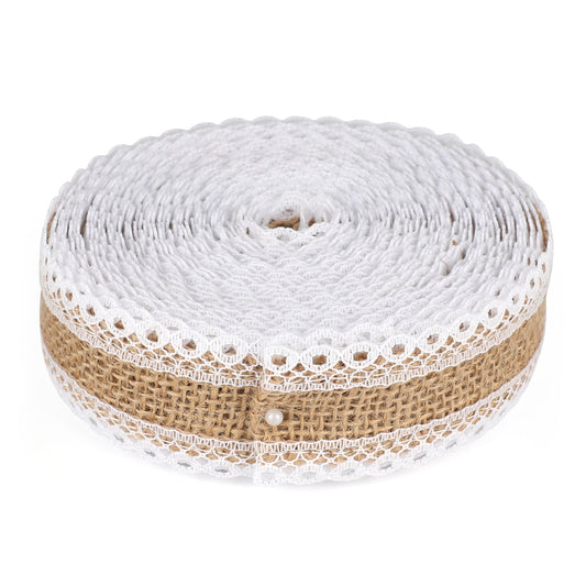 G2PLUS Jute Trim Burlap Ribbon - 10M Hessian Ribbon with Lace - 2.5CM Natural Fringe Tape with Lace for Vintage/Rustic Themed Wedding Craft