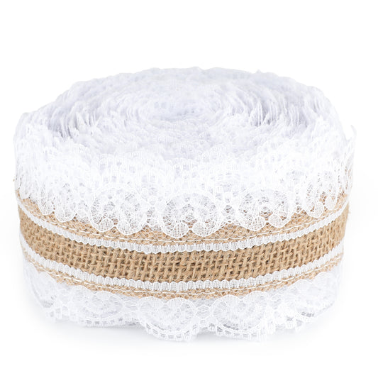 G2PLUS Jute Trim Burlap Ribbon - 10M Hessian Ribbon with Lace - 2.5CM Natural Fringe Tape with Lace for Vintage/Rustic Themed Wedding Craft