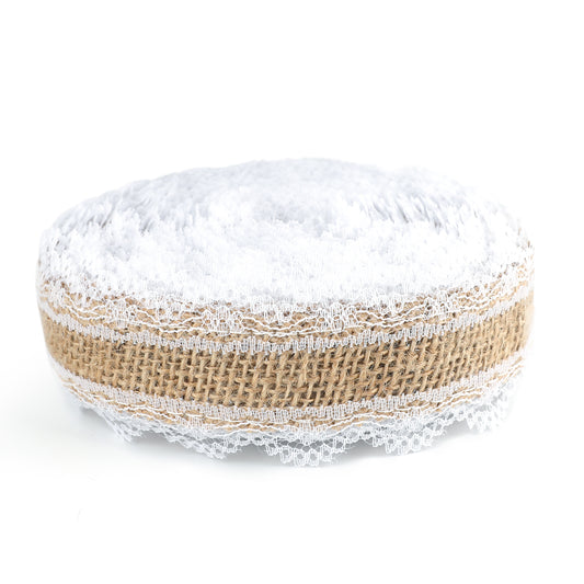 G2PLUS Jute Trim Burlap Ribbon - 10M Hessian Ribbon with Lace - 2.5CM Natural Fringe Tape with Lace for Vintage/Rustic Themed Wedding Craft