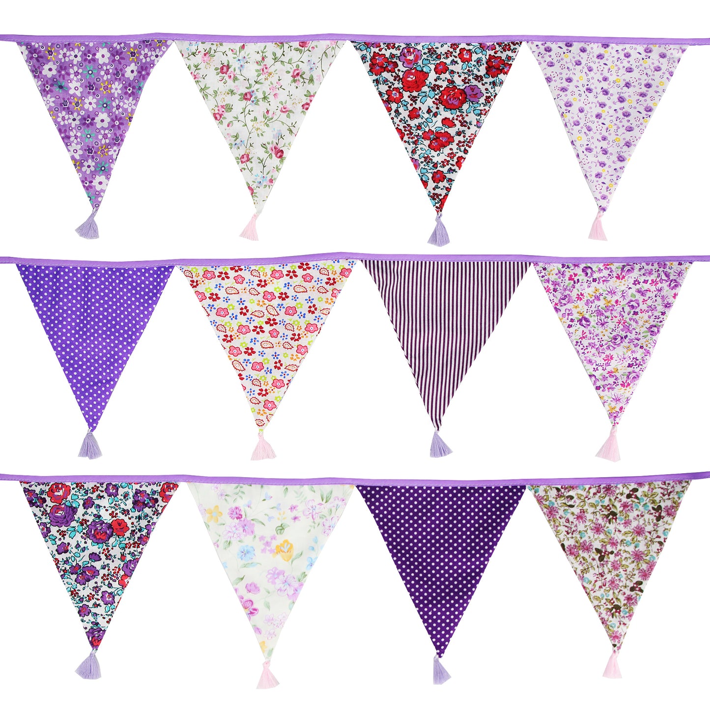 G2PLUS 10.8Ft Cotton Triangle Bunting Banner – 12pcs Purple Floral Fabric Pennant Flag with Tassels, Double Side Triangle Banner Garland for Weddings, Birthdays, Garden & Baby Showers