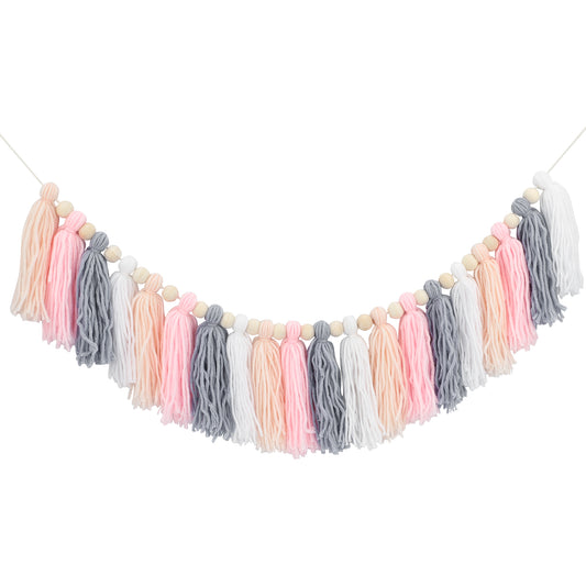 G2PLUS Pink and Grey Tassel Garland, Colorful Pastel Tassel Banner with 20PCS Pink and Grey Tassels, Wall Tassle Decoration Bunting with Wood Beads for Girls Bedroom Birthday Party Decor