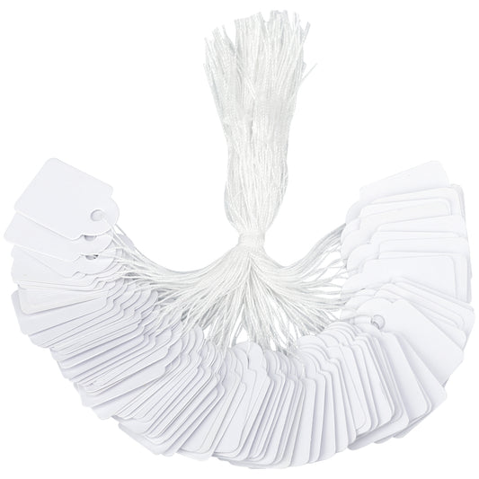 G2PLUS 500PCS Mini Strung Price Tags - White String Pricemarker Labels, 15x 24mm Tie on Paper Tags, Jewelry Marking Tags - Blank Gift Marking Labels with String for Jewelry Clothing Display