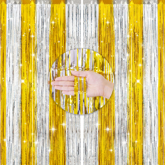 G2PLUS Gold Silver Tinsel Curtain, 2PCS Metallic Tinsel Foil Fringe Curtains, 1m×2m Tinsel Curtain Streamers, Party Backdrop Foil Curtain for Birthday Wedding Prom Decoration