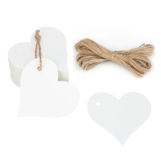 G2PLUS 100PCS Heart Blank Gift Tags, White Heart Paper Tags, Kraft Paper Lables with String for Wedding,Party Favors, Valentine's Day
