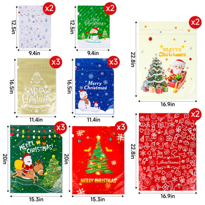 G2PLUS 20PCS Christmas Drawstring Gift Bags Assorted Sizes - 8 Designs Christmas Aluminum Foil Bags with Ribbon, Present Wrapping Pouches for Packages, Holidays, Birthday, Xmas Party Favors
