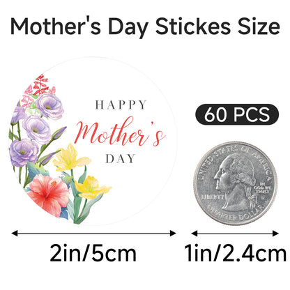 G2PLUS Mother's Day Stickers - 60Pcs Happy Mother's Day Gift Stickers 2 inches Round Mother's Day Labels Stickers with Floral for Mom's Gifts, Cards, Party Favors