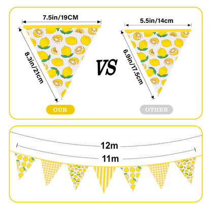 G2PLUS 39Ft Triangle Bunting Banner, 42Pcs Lemon Garland Pennant Banner, Reusable Cotton Triangle Flags Party Decoration for Summer Luau, Pool Party Decor & Beach Theme
