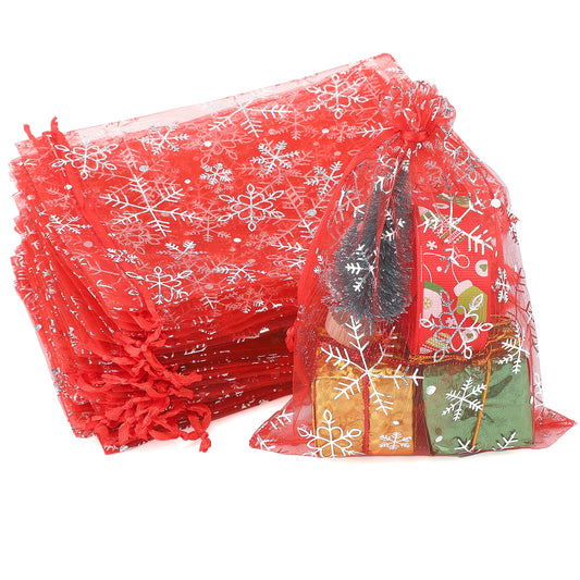 G2PLUS Red Christmas Organza Bags, 13x18CM Snowflake Organza Bags, Large Xmas Gift Pouches for Presents, 50 PCS Xmas Snowflake Gift Pouches for Reindeer Food, Christmas, Advent Calendars