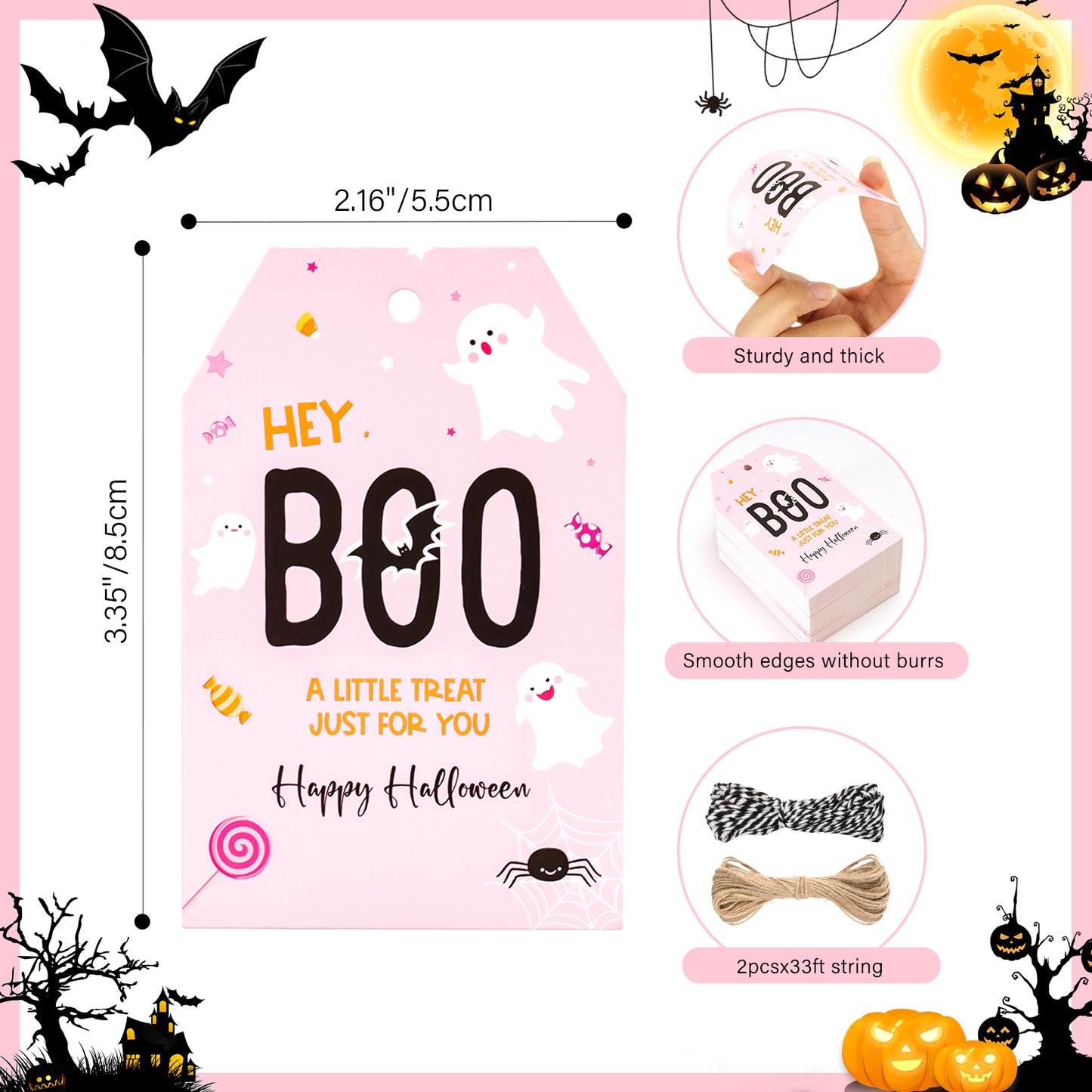 G2PLUS Happy Halloween Tags, 100PCS Halloween Boo Gift Tags, Halloween Treat for You Tags, Ghost Gift Tag, Halloween Paper Gift Tags with String for Gift Wrapping, Halloween Party Favors Supplies