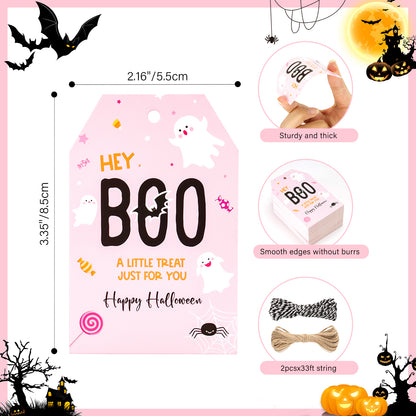 G2PLUS Happy Halloween Tags, 100PCS Halloween Boo Gift Tags, Halloween Treat for You Tags, Ghost Gift Tag, Halloween Paper Gift Tags with String for Gift Wrapping, Halloween Party Favors Supplies