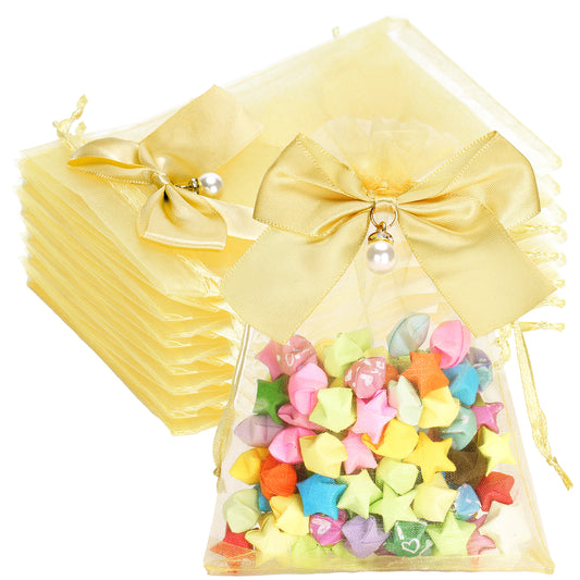 G2PLUS 30Pcs Organza Bags with Bow-4x6 In Gold Wedding Favor Bags, Sheer Mesh Jewelry Pouches with Drawstring for Bridal Shower, Baby Shower, Valentine's Day Party Favors