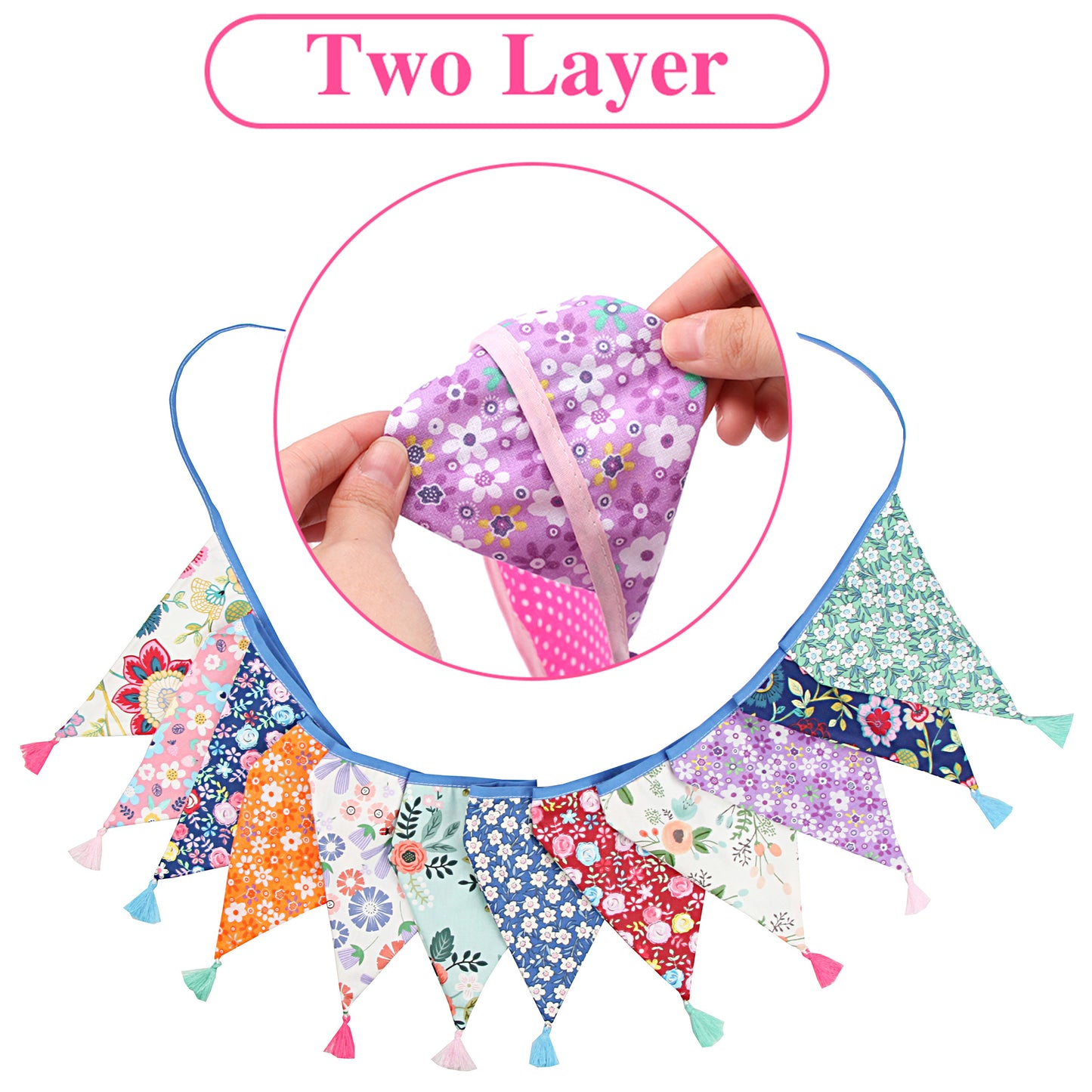 G2PLUS 10.8Ft Cotton Triangle Bunting Banner – 12pcs Multicolor Floral Fabric Pennant Flag with Tassels, Double Side Triangle Banner Garland for Weddings, Birthdays, Garden & Baby Showers