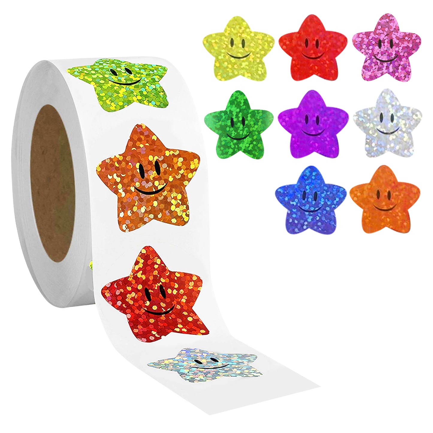 G2PLUS 500Pcs Self Adhesive Shiny Reward Stickers - 2.5CM Waterproof Holographic Smile Star Stickers - Colorful Sparkly Star Stickers- Children Reward Stickers for Crafts and Activities