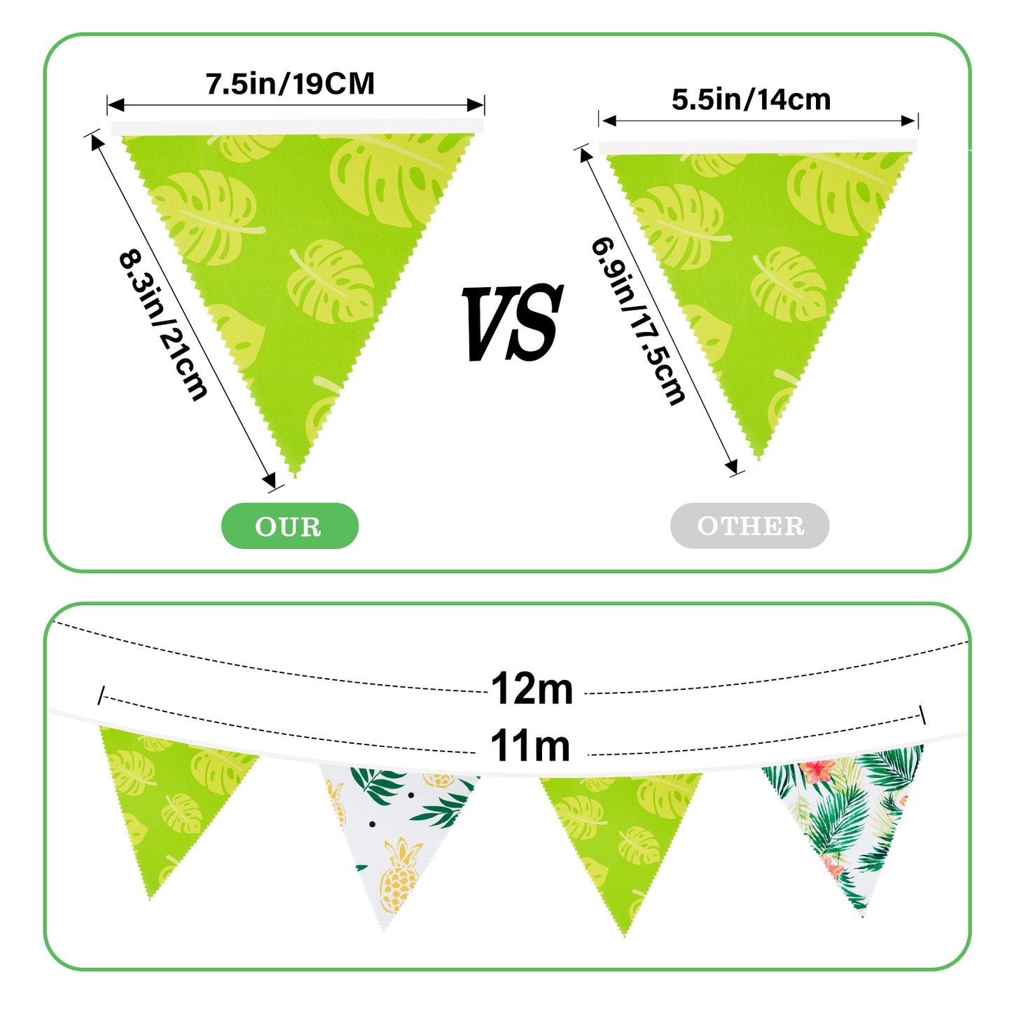 G2PLUS Tropical Fabric Bunting Banner, 39FT Extra Long Reusable Cotton Triangle Flags with Green Leaves & Pineapple, Pre-Sewn Garland Pennant Banner for Summer Luau, Hawaiian & Outdoor Party Decor