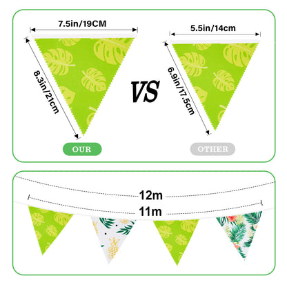 G2PLUS Tropical Fabric Bunting Banner, 39FT Extra Long Reusable Cotton Triangle Flags with Green Leaves & Pineapple, Pre-Sewn Garland Pennant Banner for Summer Luau, Hawaiian & Outdoor Party Decor
