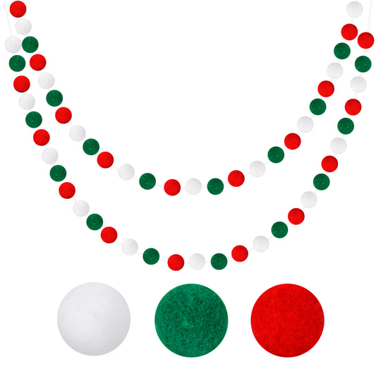 G2PLUS 2PCS Colored Felt Ball Garland, Christmas Pom Pom Garland with 60 Balls, Red Green and White Felt Ball Garlands for Christmas Party Decoration
