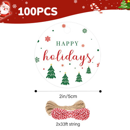 G2PLUS Happy Holiday Tags, 100PCS Christmas Holiday Tags, 2'' Round Holiday Gift Tags, Christmas Tree Paper Gift Tags with String for Xmas Gift Wrapping, DIY Arts & Crafts, Holiday Season Party Favors