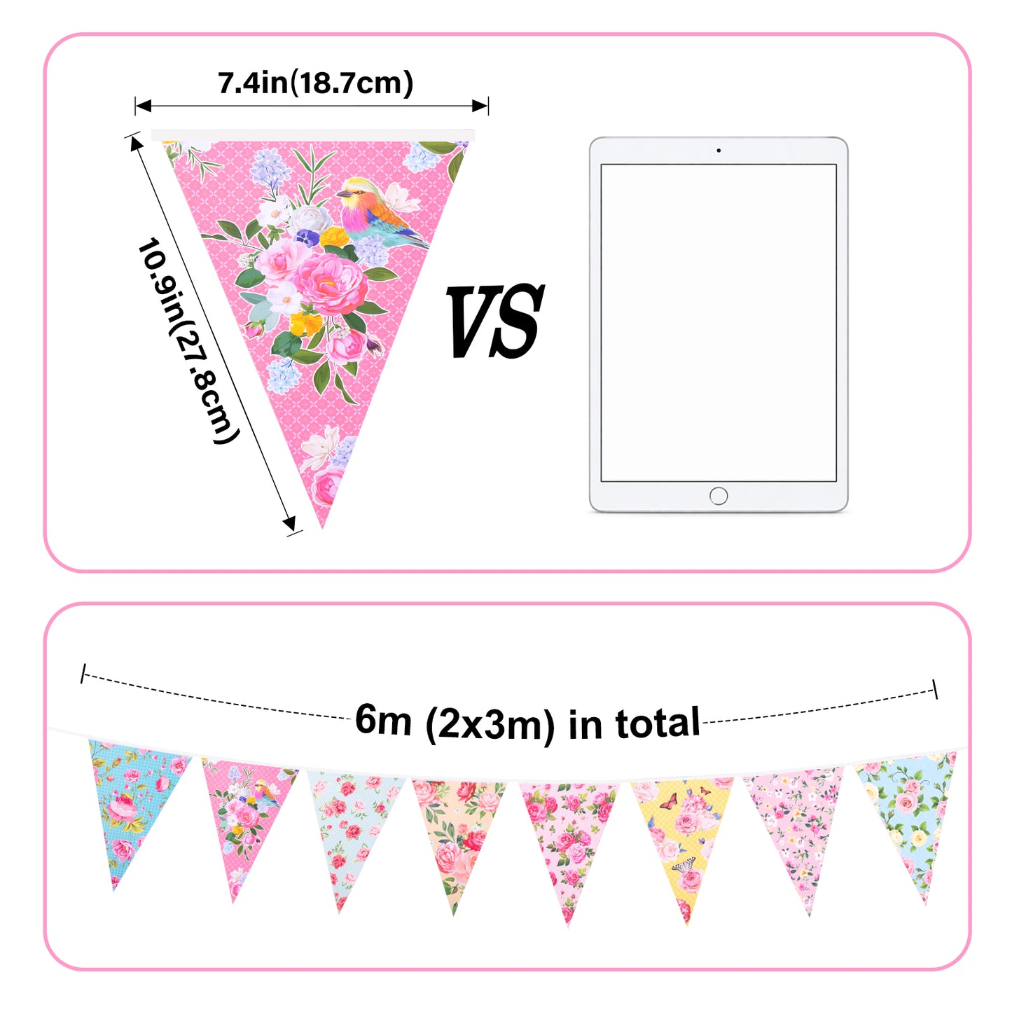 G2PLUS Floral Tea Party Banner, 39Ft Pre-Strung Flower Bunting Garland, Double Sided Paper Pennant Banner Garland for Birthday, Baby Shower, Bridal Shower, Garden, Spring Party Decor (Pink)