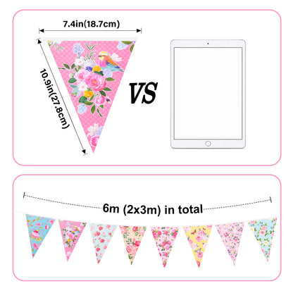 G2PLUS Floral Tea Party Banner, 39Ft Pre-Strung Flower Bunting Garland, Double Sided Paper Pennant Banner Garland for Birthday, Baby Shower, Bridal Shower, Garden, Spring Party Decor (Pink)