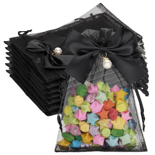 G2PLUS 30Pcs Organza Bags with Bow-4x6 In Black Wedding Favor Bags, Sheer Mesh Jewelry Pouches with Drawstring for Bridal Shower, Baby Shower, Valentine's Day Party Favors