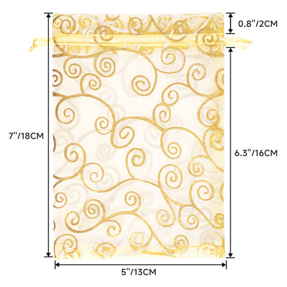 G2PLUS Organza Gift Bags 5x7 Inches - 50Pcs Sheer Mesh Organza Bags with Gold Rattan Printed, Drawstring Tulle Jewelry Pouches for Wedding, Christmas Party Favors
