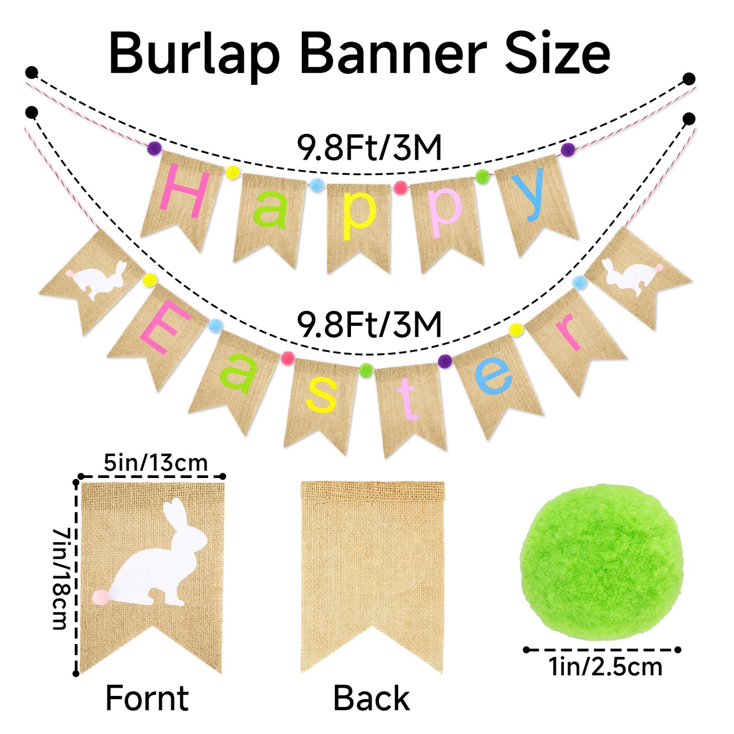G2PLUS Happy Easter Burlap Banner, Pre-strung Colorful Easter Bunny Garland with Pompom Ball, Rustic Farmhouse Easter Bunting Banner for Home, Mantel, Fireplace, Party & Spring Dec