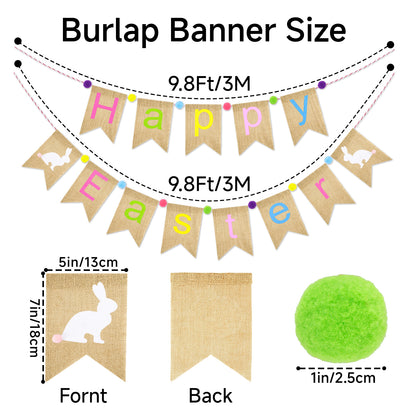 G2PLUS Happy Easter Burlap Banner, Pre-strung Colorful Easter Bunny Garland with Pompom Ball, Rustic Farmhouse Easter Bunting Banner for Home, Mantel, Fireplace, Party & Spring Dec