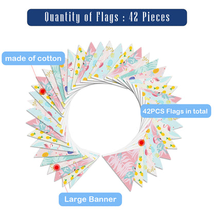 G2PLUS Hawaiian Flamingo Bunting Banner, 39FT Extra Long Reusable Cotton Triangle Flags, Pre-Sewn Garland Pennant Banner for Summer Luau, Pool Party Decor & Beach Theme
