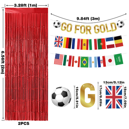 G2PLUS Party Decorations Set for World Cup Football 2026: Pre-strung Go For Gold Banner, 2PCS Flag Bunting with 2PCS Red Tinsel Fringe Curtains for Home, Bar and Garden Viewing Parties